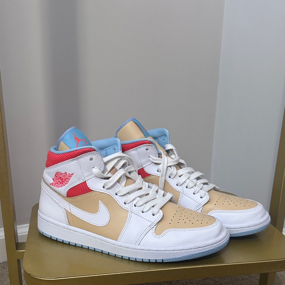 Jordan 1 Air Mid Athletic Shoes in White, Beige, and Orange